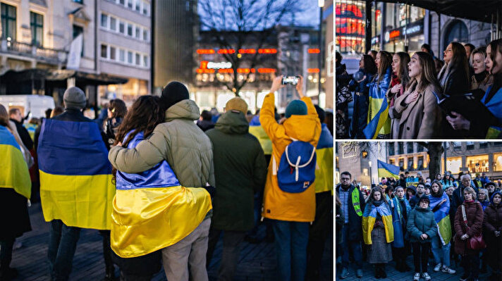 <p>Protestocular Rusya'nın Ukrayna'ya saldırılarını protesto ederek 'savaşa hayır' dedi.</p>