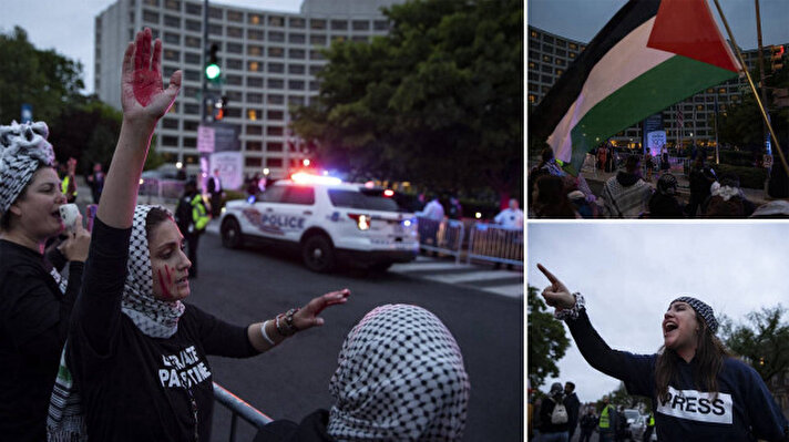 <p>Savaş karşıtı sivil toplum örgütü CodePink'in düzenlediği protesto için göstericiler, ellerinde Filistin bayraklarıyla Washington Hilton Oteli'nin önünde toplandı.</p>
