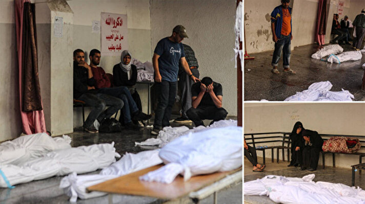 <p>Saldırıda yaşamını yitiren Filistinlilerin naaşları, El-Ehli Baptist Hastanesi'ne getirildi.</p>