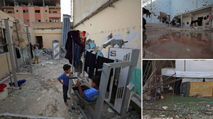 <p>İsrail bombardımanından kaçan veya evleri yıkılmış kalacak hiçbir yerleri olmayan Filistinli aileler, Deyr Balah kentindeki stadyum ve spor tesislerine sığınarak yaşamlarını sürdürüyor.</p>