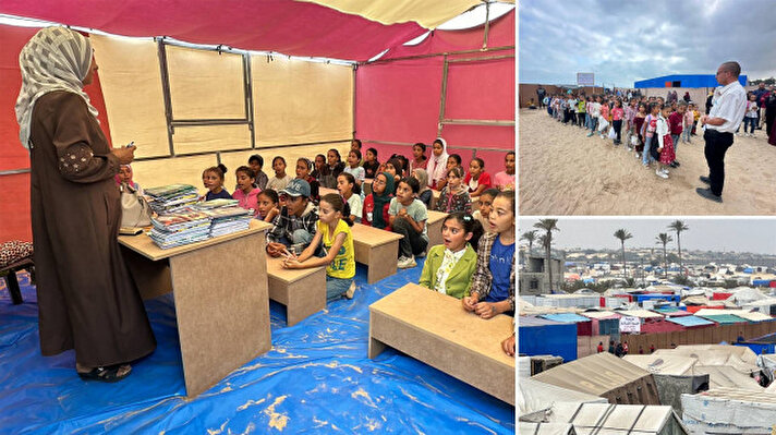 <p>10 derslikten oluşan okulda, birinci sınıftan dokuzuncu sınıfa kadar yerinden edilmiş Filistinli çocuklara, gönüllü öğretmenler ders veriyorlar.</p>