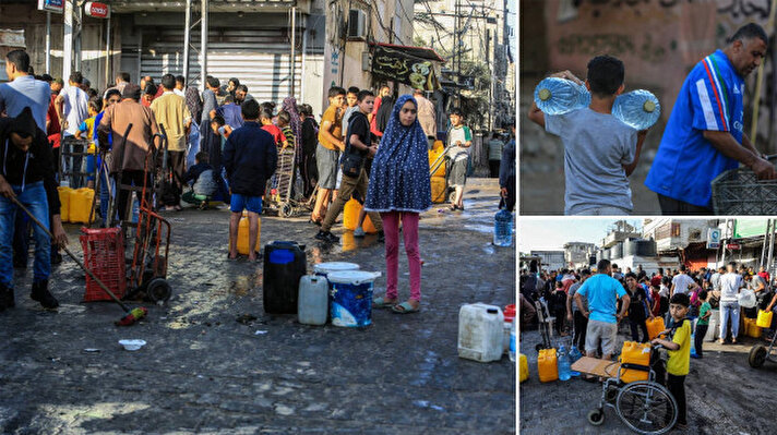 <p>Filistinliler, günlük su ihtiyaçlarını temin etmek için kentte bulunan mobil depolar önünde oluşan su kuyruklarında saatlerce beklemek zorunda kalıyor.&nbsp;</p>