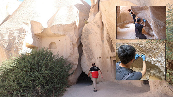 <p>Nevşehir'in Göreme beldesindeki Güllüdere Vadisi'nde peribacalarının duvarları iddiaya göre, bir tekstil firmasının bölgede yapacağı reklam filmi için kimyasal yapıştırıcılar ile elyafla kaplandı.&nbsp;</p>