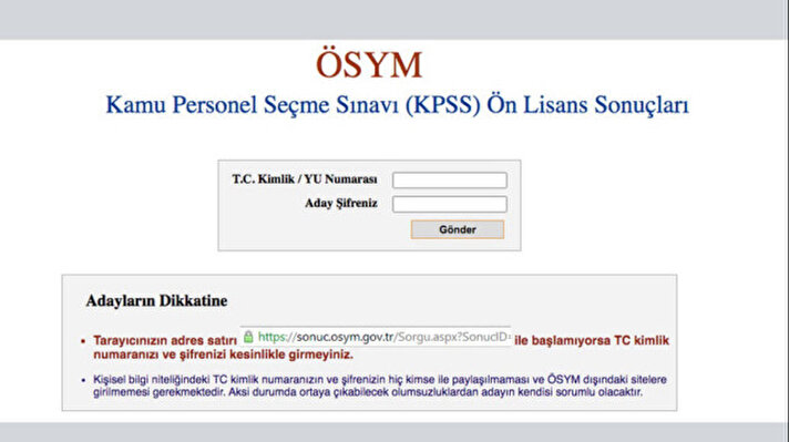 <p>KPSS Ön Lisans sonuçları sonuc.osym.gov.tr ekranı</p>