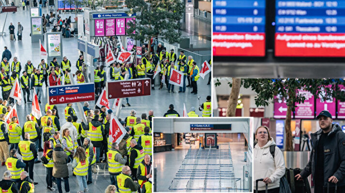<p>Birleşik Hizmet Sektörü Sendikasına (Ver.di) bağlı kamu çalışanları ile yer hizmetleri personeli, işverenlerle ücretlerinin artırılmasına yönelik görüşmelerde anlaşmaya varılamaması nedeniyle ülkenin en işlek havalimanları Frankfurt ve Münih'in yanı sıra Köln/Bonn, Düsseldorf, Stuttgart, Dortmund, Hannover, Bremen, Hamburg, Berlin ve Leipzig-Halle havalimanlarında tüm gün iş bırakma eylemi gerçekleştiriyor.</p>