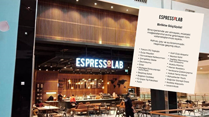 <p>Kahve dükkanları zinciri Espressolab, İstanbul’da yaşanan deprem sonrası sosyal medya hesabından açıklamada bulundu. Kurum, bina içerisinde yer almayan, müstakil mağazalarda evine giremeyen tüm vatandaşlara kahve, çay ve su ikramı yapacaklarını duyurdu. İşte Espressolab’in deprem sonrası ‘Birlikte Güçlüyüz’ paylaşımı…</p>