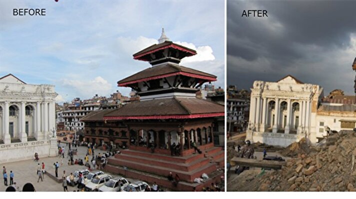 A view of the religious site Basantapur Durbar Square before and after the earthquake struck