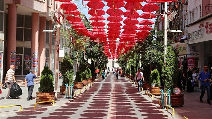 Hundreds of floating flag-colored umbrellas in Turkey's Street 
