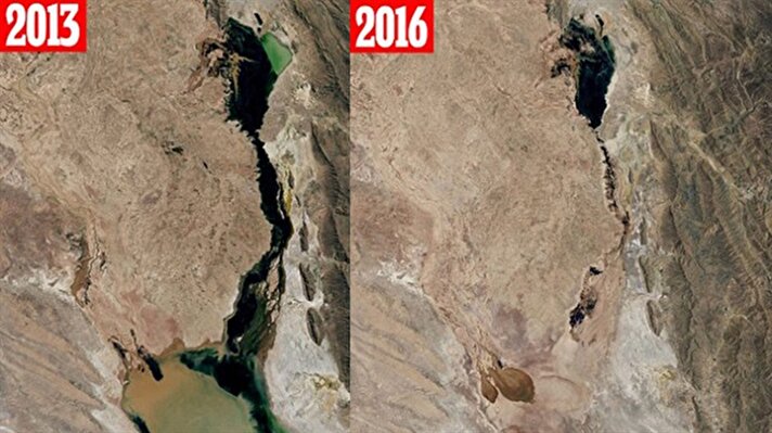 Amerikan Havacılık ve Uzay Dairesi (NASA) uydularından çekilen görüntülerde Los Angeles büyüklüğündeki gölün 3 yıl içinde çöle dönüştüğü net bir şekilde görülüyor.