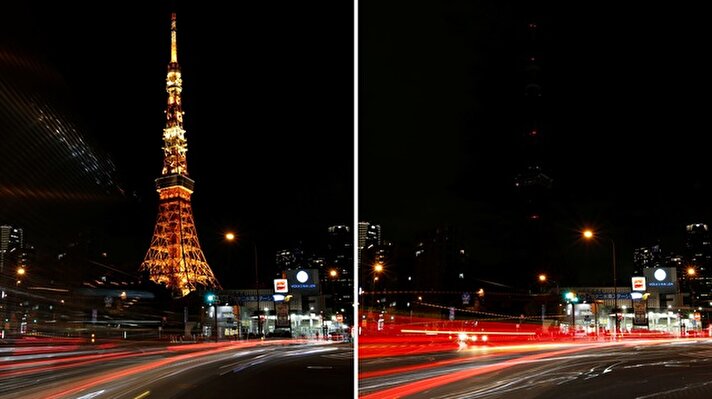A combination photo shows the Tokyo Tower before and after its lights were turned off