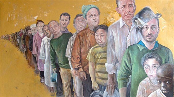 Kim Jong-un, Barack Obama, David Cameron  ellerinde tencereyle sıra bekliyor. 