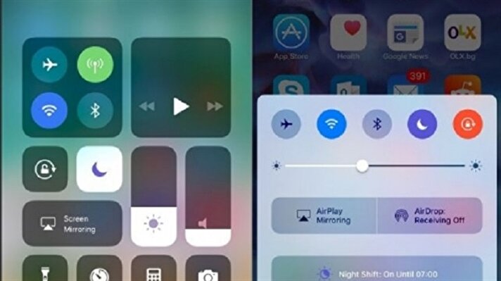 Ana ekran: iOS 11 (Sol) - iOS 10 (Sağ)