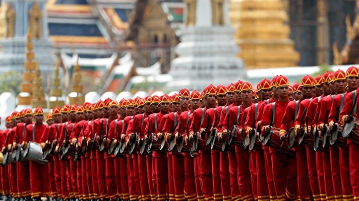 Thailand's King Maha Vajiralongkorn takes part in the royal cremation procession of late King Bhumibol Adulyadej at the Grand Palace in Bangkok, Thailand.