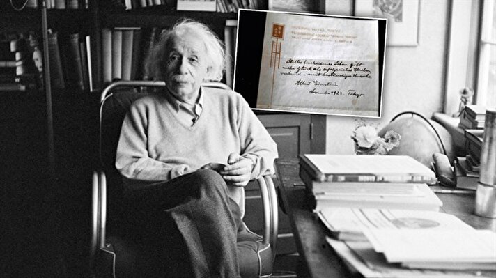 Dünyaca ünlü teorik fizikçi Albert Einstein'ın, 1922'de Japonya'nın başkenti Tokyo'da bir kuryeye bahşiş olarak verdiği 'mutluluk teorisi' açık artırma ile satışa çıkarıldı.  
