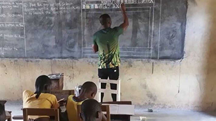 Ganalı öğretmen Owura Kwadwo Hottish, bilgi ve iletişim teknoloji derslerinin boş geçmemesi için, elindeki sınırlı imkanlara rağmen ilkokul öğrencilerine Microsoft Word sayfasını tüm ayrıntıları ile çizerek anlattı. 