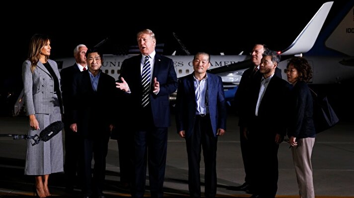 U.S. President Donald Trump and first lady Melania Trump greeted the three Americans released from detention in North Korea upon their arrival at Joint Base Andrews, Maryland.
