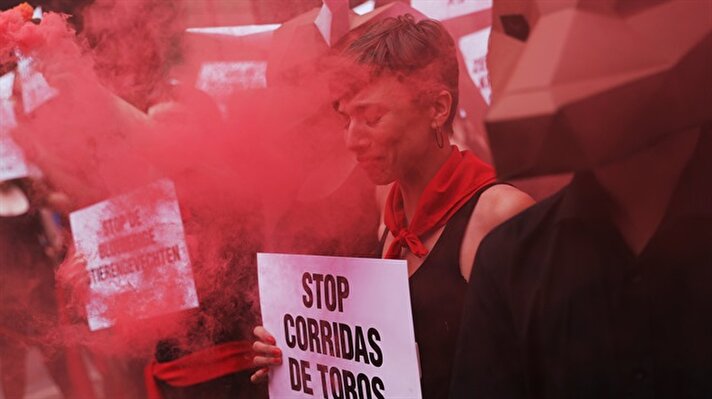 Anti-bullfight protesters in Pamplona