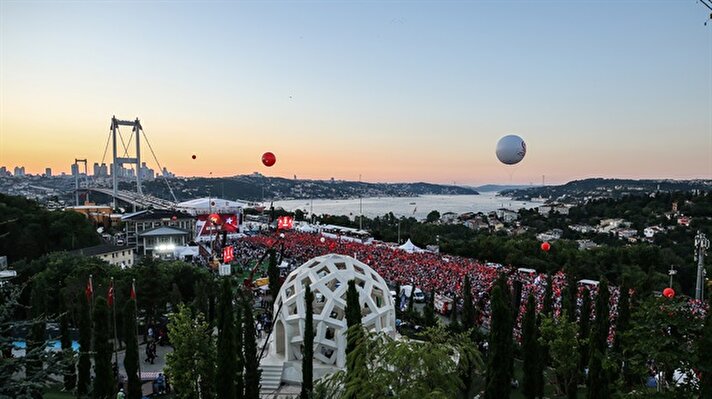 People arrive to attend the gathering during the July15 Democracy and National Unity Day to mark July 15 defeated coup's 2nd anniversary at Istanbul's iconic July 15 Martyrs Bridge in Istanbul, Turkey on July 15, 2018. 