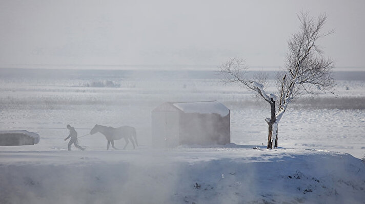 Olumsuz hava koşullarının etkisini sürdürdüğü ilçeye 7 kilometre mesafedeki köyde yaşayanlar, soğuk kış günlerinde 40 derece sıcaklıktaki kaplıcada manda ve atların temizlenmesini sağlıyor.

