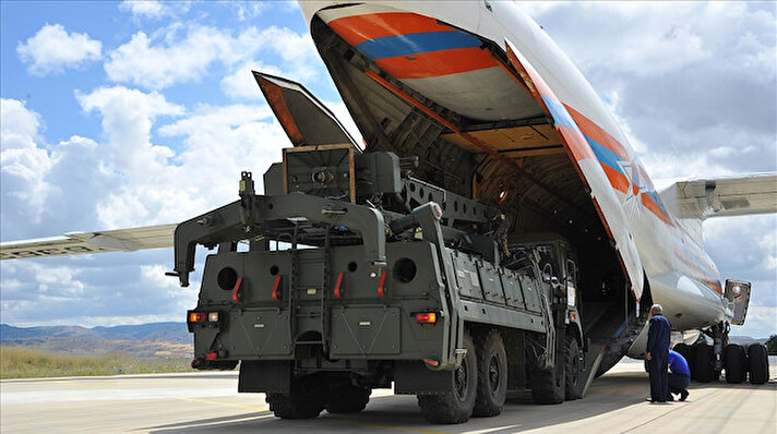 First batch of equipment of S-400 missile defense system is being unloaded from a Russian Antonov AN-124 Ruslan transport aircraft at Murted Air Base in Ankara