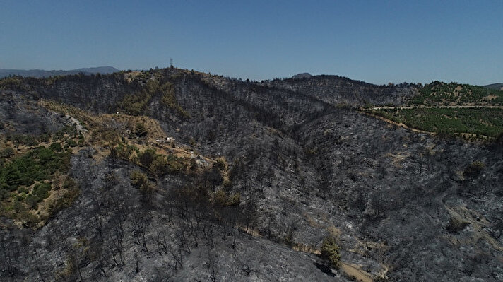 A drone photo shows the damage in the forestland during the third day of the fire, started from Karabaglar district and expanded to Seferihisar and Menderes districts in Izmir province of Aegean Turkey on August 20, 2019. Fire brigade crew continue their extinction works. Forest fires have consumed some 500 hectares (over 1,200 acres) of land in Izmir, Turkey's Aegean coast.

