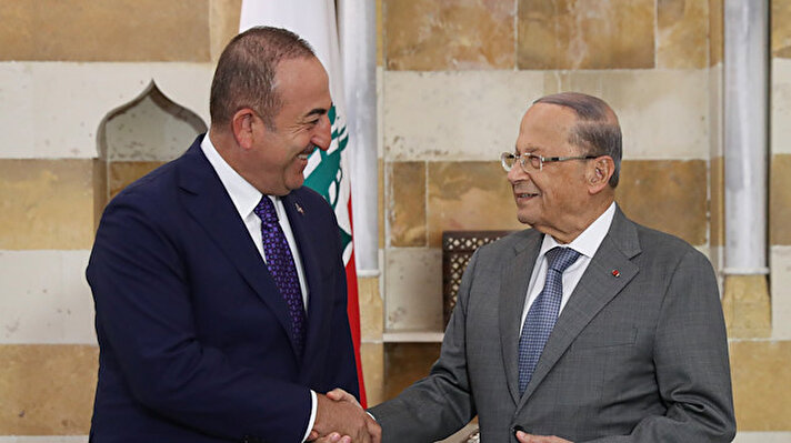 Minister of Foreign Affairs of Turkey, Mevlut Cavusoglu (L) meets President of Lebanon, Michel Aoun (R) in Beirut, Lebanon on August 23, 2019.
