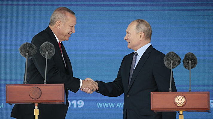 President of Turkey, Recep Tayyip Erdogan (L) and President of Russia, Vladimir Putin (R) shake hands after they spoke at the opening of MAKS-2019 International Aviation and Space Salon in Moscow, Russia on August 27, 2019.
