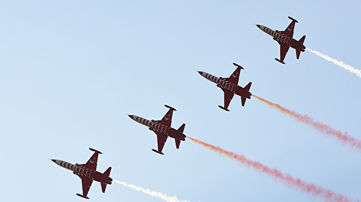 AFYONKARAHISAR, TURKEY - AUGUST 26: The aerobatic demonstration team of the Turkish Air Force "Turkish Stars" perform within the start of the 97th anniversary of the Great Offensive in Afyonkarahisar, Turkey on August 26, 2019.

