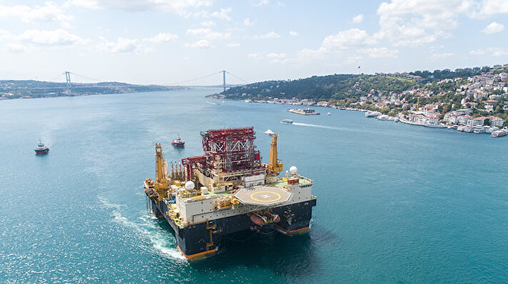 An aerial view of Scarabeo 9, a 115-meter-long and 84-meter-high Frigstad D90-type Bahamas-flagged drilling rig, passing through the Bosphorus Strait in Istanbul, Turkey on August 29, 2019.
