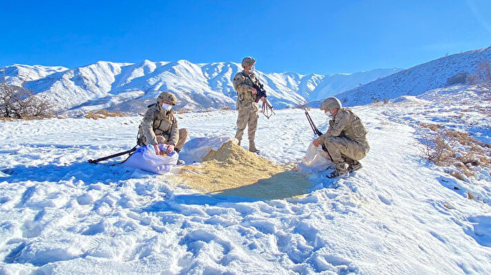 Kış şartlarının ağır yaşandığı rakımı yüksek bölgelerde güvenliği sağlayan jandarma ekipleri, yaban hayvanlarını da unutmadı.