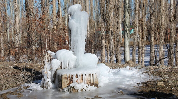 Oltu-Narman yolu üzerindeki çeşme aşırı soğuktan donarak patlayınca buzdan heykel ortaya çıktı. 
