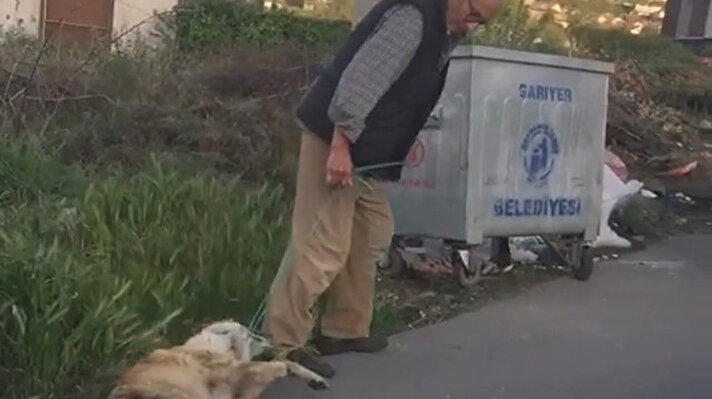 İstanbul Sarıyer Zekeriyaköy 3. Cadde üzerinde dün saat 18.30 sıralarında meydana gelen olayda, yaşlı bir adam sokak köpeğini iple boğazından bağlayarak 34 VL 4701 plakaları cipiyle cadde üzerindeki çöpe kadar sürüklemişti.