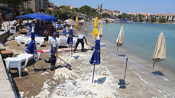 Datça Cumhuriyet Meydanı’ndaki bir otelin önündeki şezlong ve şemsiyelerin bulunduğu sahile yoğun beyaz madde ile karşılaşan vatandaşlar beyaz örtünün ne olduğunu anlamaya çalıştılar. 