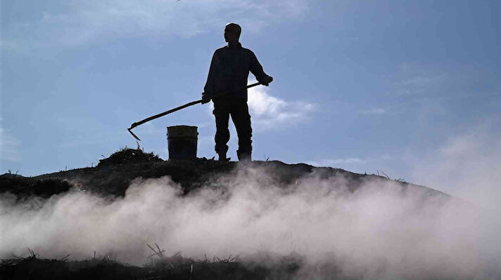 Eskişehir'in Sarıcakaya ilçesine bağlı Beyyayla Mahallesi'ne Mardin'den gelen mevsimlik işçiler, meşe odunundan mangal kömürü üretimi yapıyor.