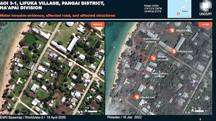 UNOSAT'tan yayınlanan fotoğraflarda, adada patlama öncesi ve sonrası görüntülere yer verildi.