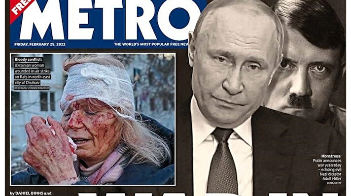  Metro'nun manşeti ise "Avrupa'da savaş". Zelenskiy'nin benzetmesi nedeniyle gazete, Putin fotoğrafının ardına bir Hitler fotoğrafı yerleştirdi.