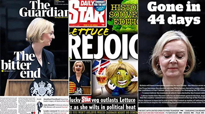 İngiltere tarihinin en kısa süre görevde kalan başbakanı Liz Truss’ın istifası bugünkü gazetelerin manşetindeydi. Guardian 'Acı son' başlığını tercih ettiği birinci sayfasında, Truss’ın selefi Boris Johnson’ın tekrar başbakan olmaya çalışabileceğini yazdı.<br>