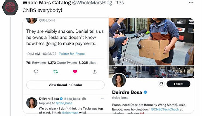 Elon Musk'ın Twitter'ın üst düzey yöneticilerini işten çıkarmasıyla Twitter'ın San Francisco kentindeki genel merkezi önünden yayın yapan muhabir Deirdre Rosa, çevrede ellerinde koli kutularıyla gezen iki kişiyle röportaj yaptı. 
