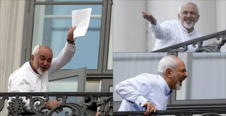 İran Dışişleri Bakanı Cevad Zarif, Lozan'da yapılan görüşmelerin ardından oldukça mutluydu. Zarif'in elinde nükleer anlaşmanın taslak metni görülüyor.