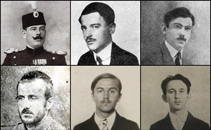 Sol üstten: Dragutin Dimitriyeviç, Nedeljko Çabrinoviç, Trifko Grabez, Muhammed Mehmedbasiç, Cvijetko Popoviç ve Vaso Cubriloviç