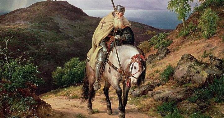 Karl Friedrich Lessing'in yorgun bir Haçlı'nın evine geri dönüşünü çizdiği resmi.
