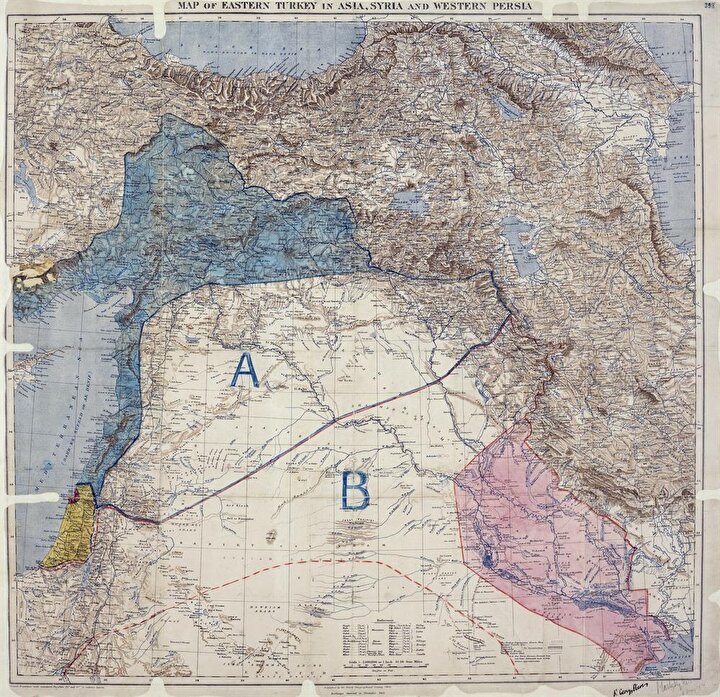 Sykes-Picot Anlaşmasının harita üzerindeki hali. A ile işaretlenen bölüm Fransızlara, B ile gösterilen bölüm İngilizlere pay edilmişti.