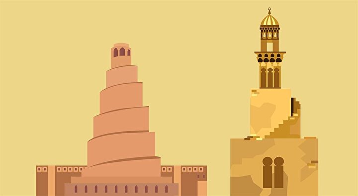 İbn Tulun Camii'nin minaresi (sağda), Sâmarrâ Ulu Camii’nin dıştan spiral minaresi (solda) örnek alınarak inşa edilmiştir.