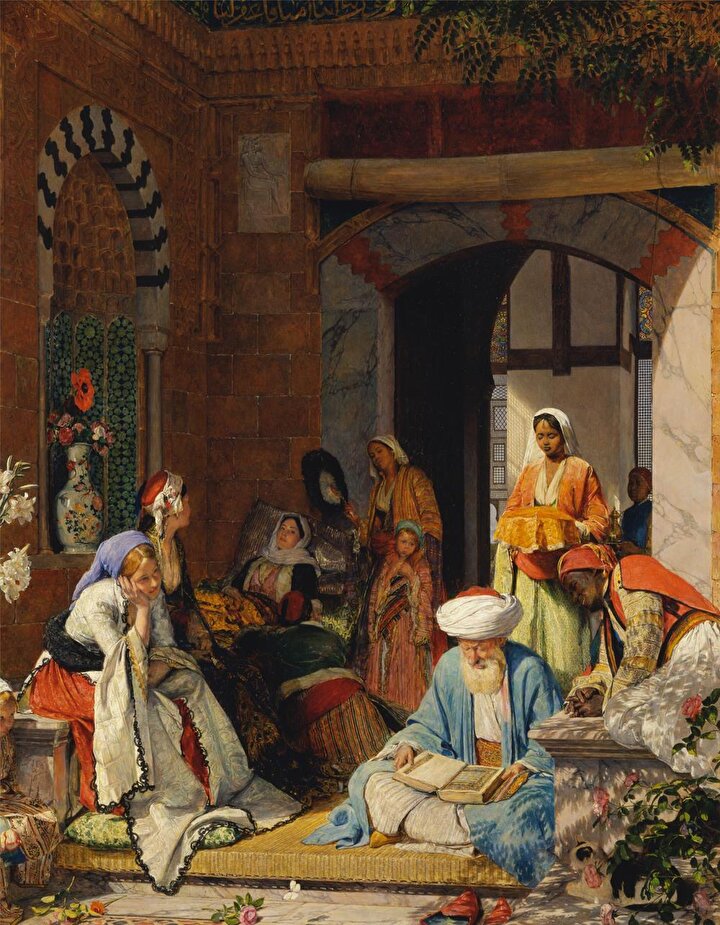 Hastanın şifa bulması için Kur'an okuyan kişinin ve hasta yakınlarının resmedildiği, Lewis'in ''Dua hastayı kurtaracak.'' adlı tablosu.