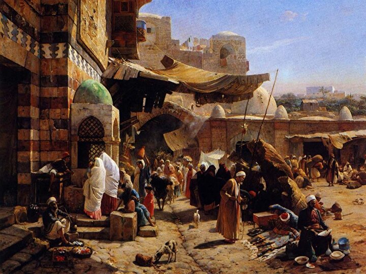 ''Yafa çarsısı'' adlı tablosunda olduğu gibi Gustav Bauernfeind Oryantalist tablolarında daha çok Filistin gezisinde gördüğü şehirleri tasvir etti.