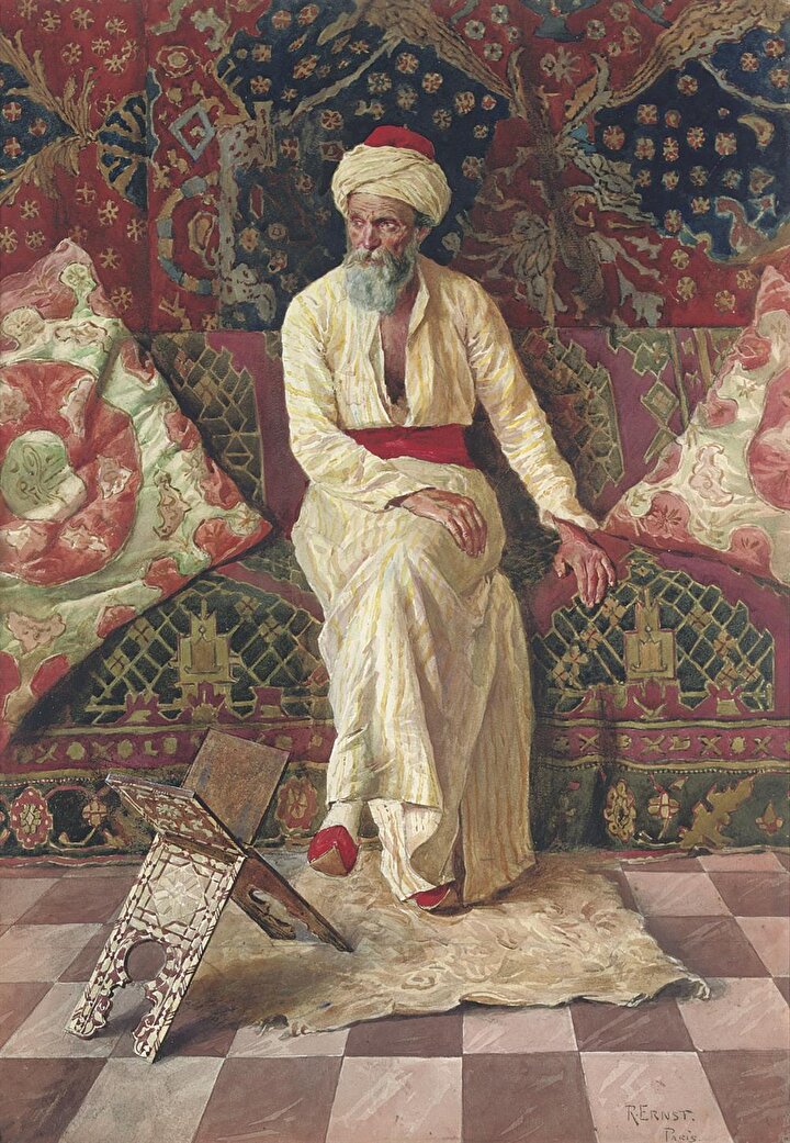 Rudolf Ernst ''Düşünceli Şeyh'' adlı tablosunda olduğu gibi daha çok Doğu insanlarını eserlerinde konu aldı.