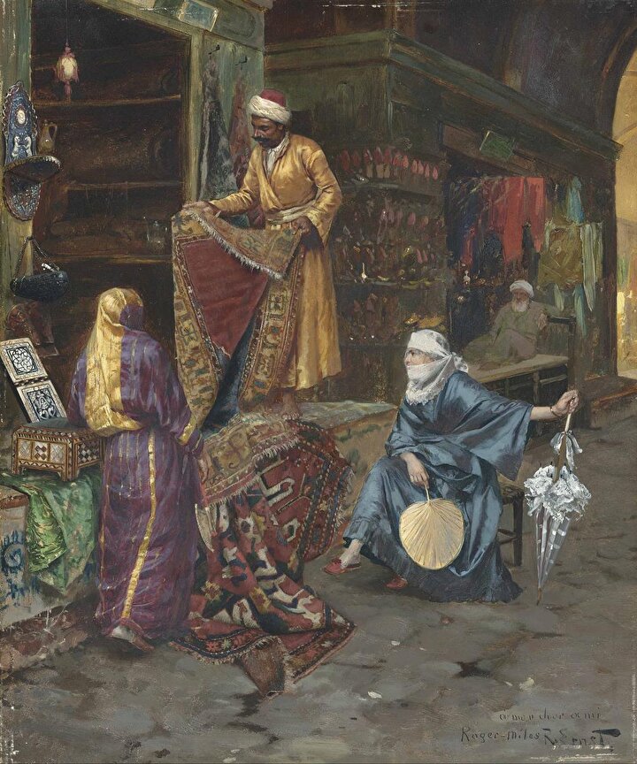 Rudolf Ernst Doğu sokaklarını oldukça canlı ve renkli bir şekilde resmetti. (Tablo: ''Halıcı'')