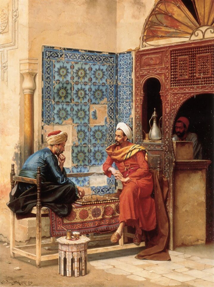Ludwig Deutsch ''Satranç oyunu'' adlı bu tablosunda kullandığı kahve mekanını başka tablolarında da kullandı.