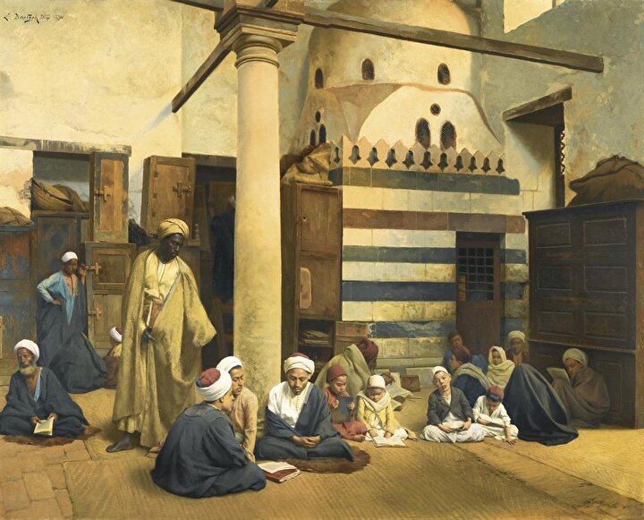 ''Medresede'' adlı tablosunda yaptığı gibi Deutsch birçok tablosunda alim ve medrese konularını ele aldı.
