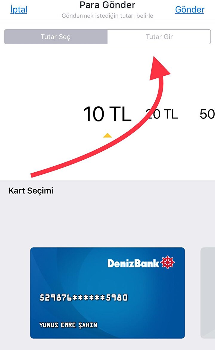 Son olarak gönderilecek para miktarı seçiliyor.